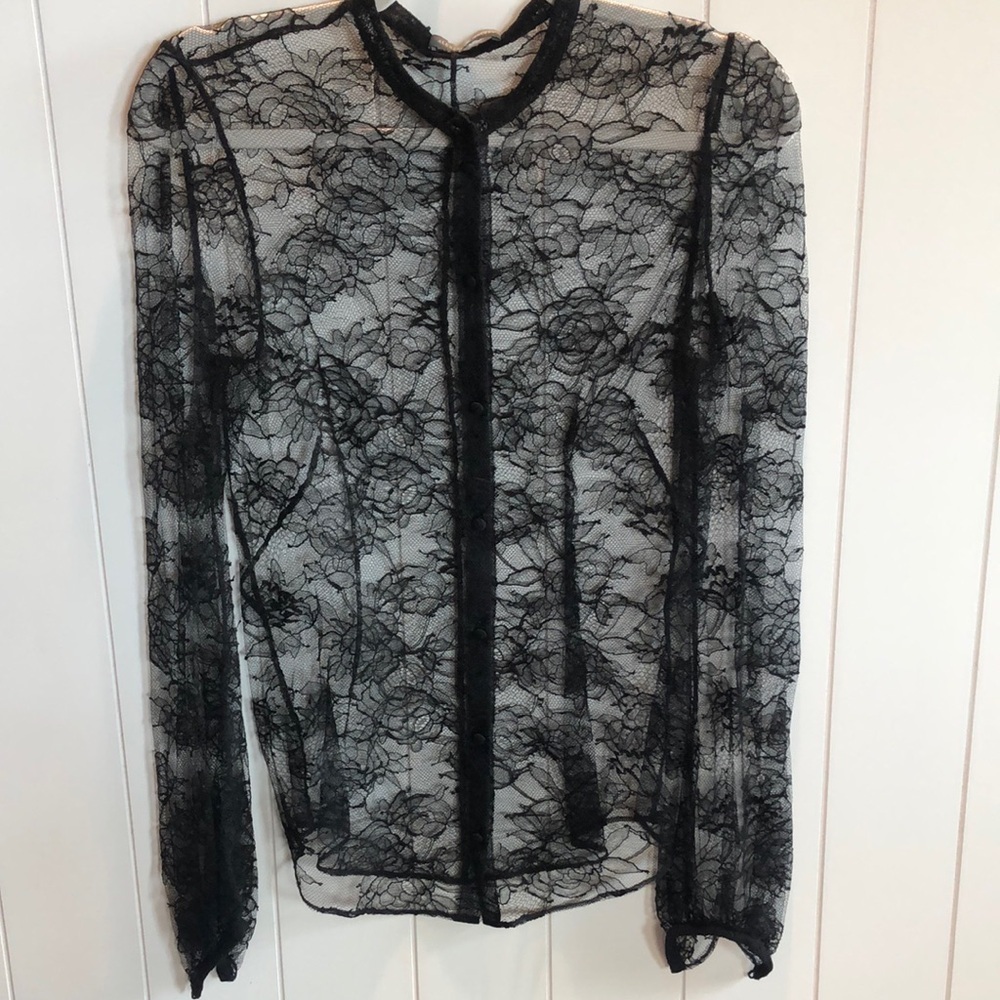 Alexander McQueen Elegant Black Lace Top button down long sleeve S